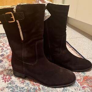 Talbots Suede Ankle Boots w/Faux Sherpa Trim & Buckle Trim Size 10.5 NEW! Brown